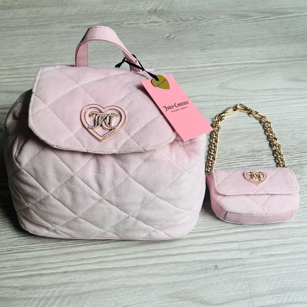 🎀 Luxe Quilted Velet Plush Backpack With Matching Mini Juicy Couture NWT